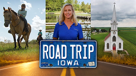 A couple of horseback riders, host Brooke Kohlsdorf, a small white church with a tall steeple and the Road Trip Iowa logo above a sunlit two lane highway.