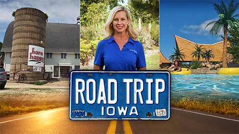 A converted silo and barn with the business name, "Barn Happy." Host, Brooke Kohlsdorf. A water surface view of a tropical themed water park in Iowa. And, the Road Trip Iowa logo above a sunlit two lane highway.