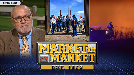 Dan Hueber, people at the US/Mexican border and a firefighter tries to contain a wildfire. Market to Market logo + Est. 1975
