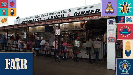 Patrons sit a the West Des Moines Methodist Church Stand - Breakfast, Lunch and Dinner.