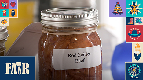 Canned beef in a glass jar with a white label that says, "Rod Zeitler ... Beef."