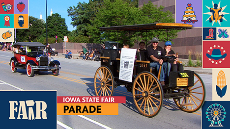 Iowa State Fair Parade - Two antique cars drive down a street. Spectators sit on the curb watching the cars go by. Miscellaneous illustrated fair imagery border the photo of the cars. 