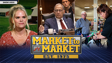 Kristi Van Ahn-Kjeseth, a man slams a gavel and a man waits in line at a grocery store. Market to Market Est 1975 logo.