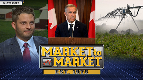 Brad Matthews, Canadian leader at podium, water sprayer in field and Market to Market logo.