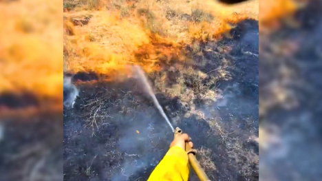 A firefighter fights a wildfire.