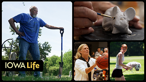 A man in a cemetery with a shovel. A person paints a small mouse figurine. A woman shoots a basketball towards a net. A girl holds a hobby horse. Iowa Life logo in the lower left.
