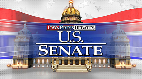 Iowa Press Debates: U.S. Senate logo in front of the Iowa State Capitol Building.