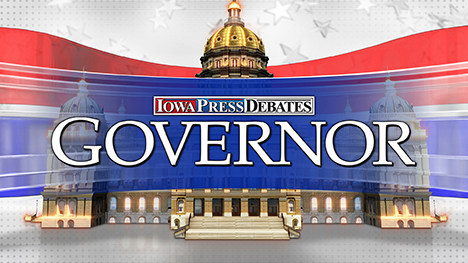 Iowa Press Debates: Governor logo in front of the Iowa State Capitol Building.