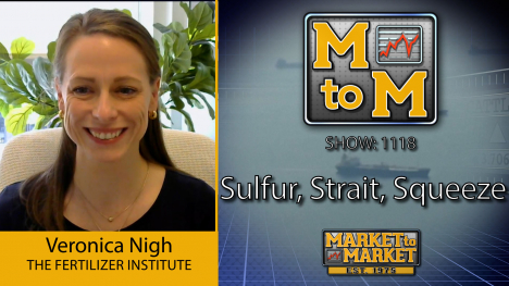 Veronica Nigh of The Fertilizer Institute beside Market to Market podcast artwork reading “Sulfur, Strait, Squeeze.
